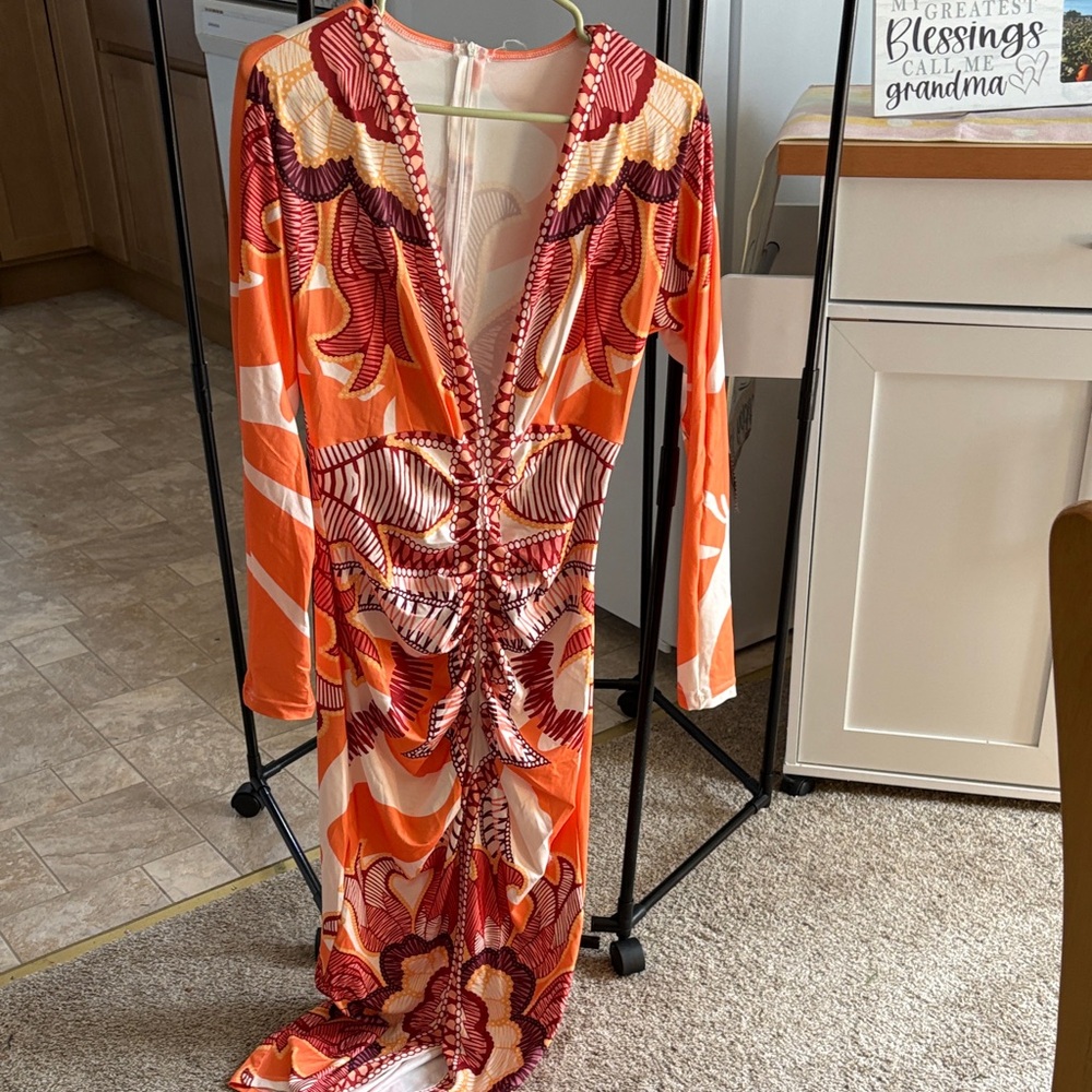 Women’s Orange Floral Ruched Long Sleeve Dress